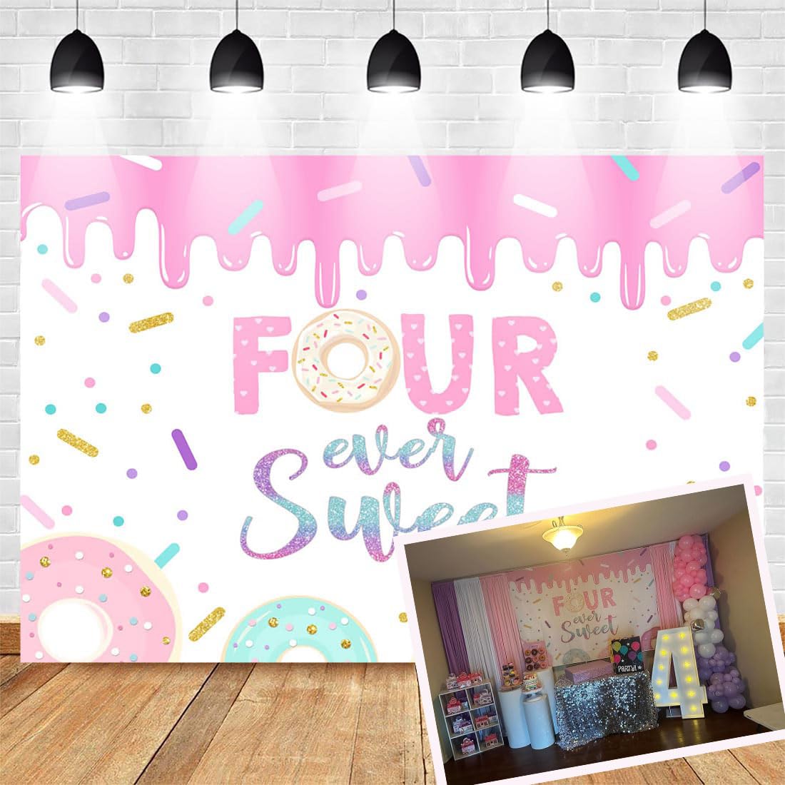 MEHOFOND 7x5ft Donut 4th Birthday Backdrop For Girls Kids Four Ever Sweet Birthday Photography Background Donut Themed 4th Happy Birthday Cake Table