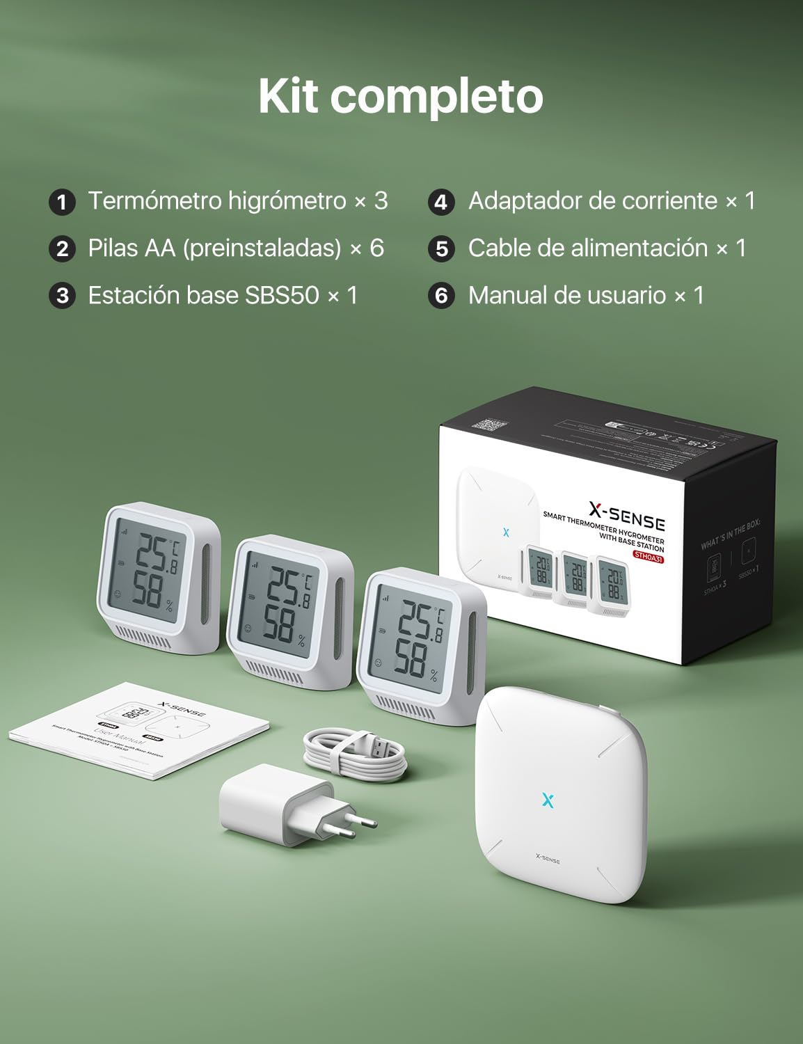 X-sense Termómetro digital con higrómetro interior, WIFI mini termómetro con aplicación X-Sense App, zona de confort adaptada, indicador sonriente, 3 sensores y 1 estación base, Kit STH0A31