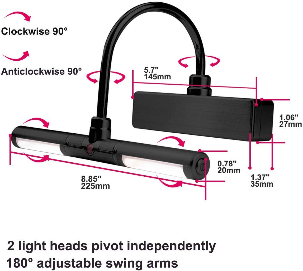 HONWELL-Luz LED Inalámbrica a Batería con Control Remoto, Cabezal de Luz Giratorio de 8.8 Pulgadas con 3 Modos de Iluminación, Regulable Marco Luces Lámpara de Pared para Pintar,Espejo,Color Negro