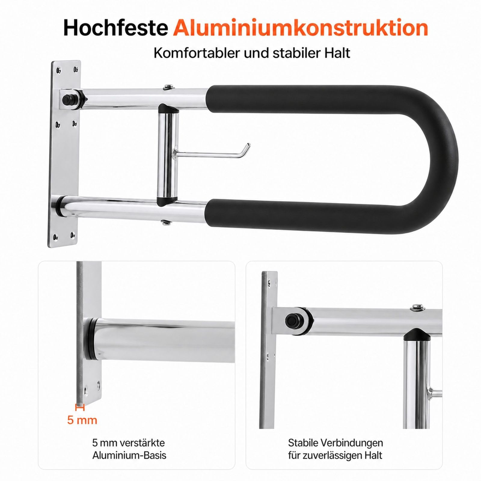 Klappbarer WC-Haltegriff mit Papierhalter, Wandmontage, für Badezimmer und Toilette