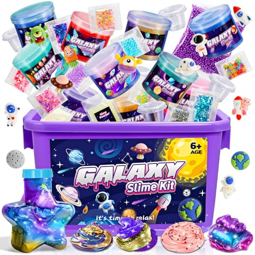 iKidiki Slime Kit 6 7 8 9 10 11 12 Year Old Girl Gifts Galaxy Slime Making Kit Party Bag Fillers for Kids DIY Cloud & Butter Slime With a lot of Cute Decorations