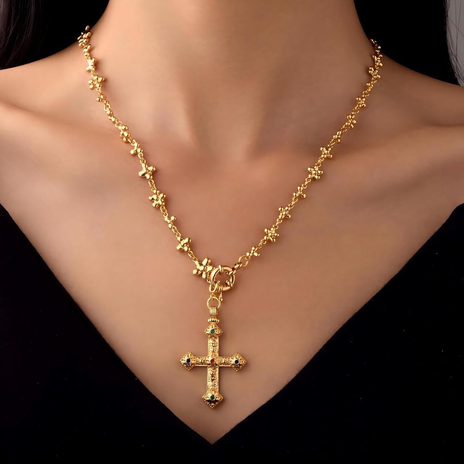 18k Gold Plated Cross Pendant Necklace for Women, Elegant Religious Jewelry Gift for Her, Hypoallergenic Long Chain - Image 2