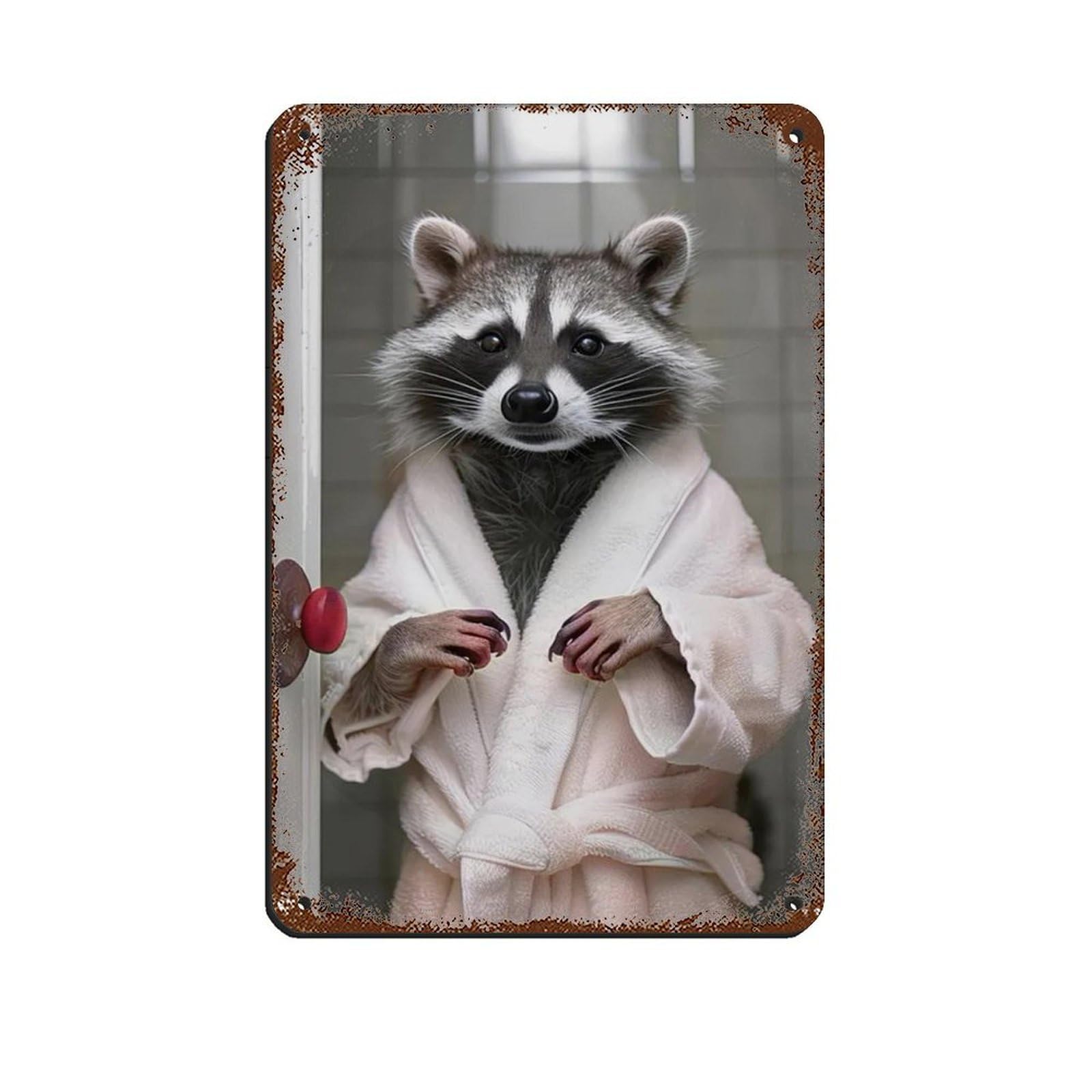 Funny Raccoon in Bathrobe, Bathroom Art Tin Sign Vintage Metal Pub Club Cafe Bar Home Wall Art Decoration Poster Retro 8x12inch(20x30cm)