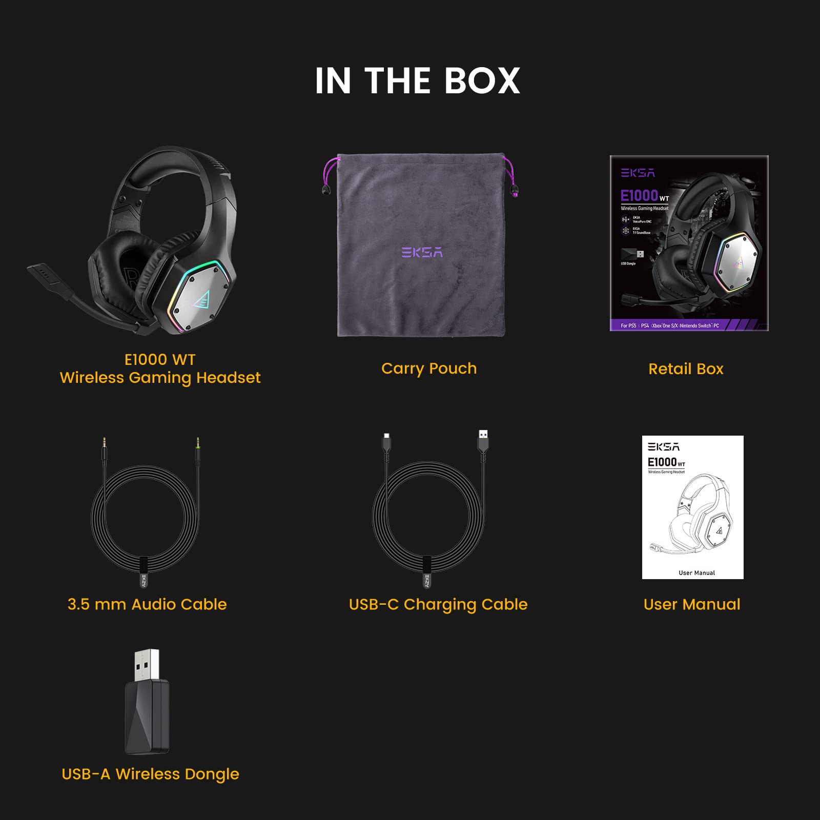 EKSA E1000 WT USB Gaming Headset for PC PS4 PS5, 7.1 Surround Sound, 36 Hour Battery, 2.4G Wireless Low Latency, AI Intelligent Noise Cancelling Microphone, Wireless Headphones for Computer Laptop