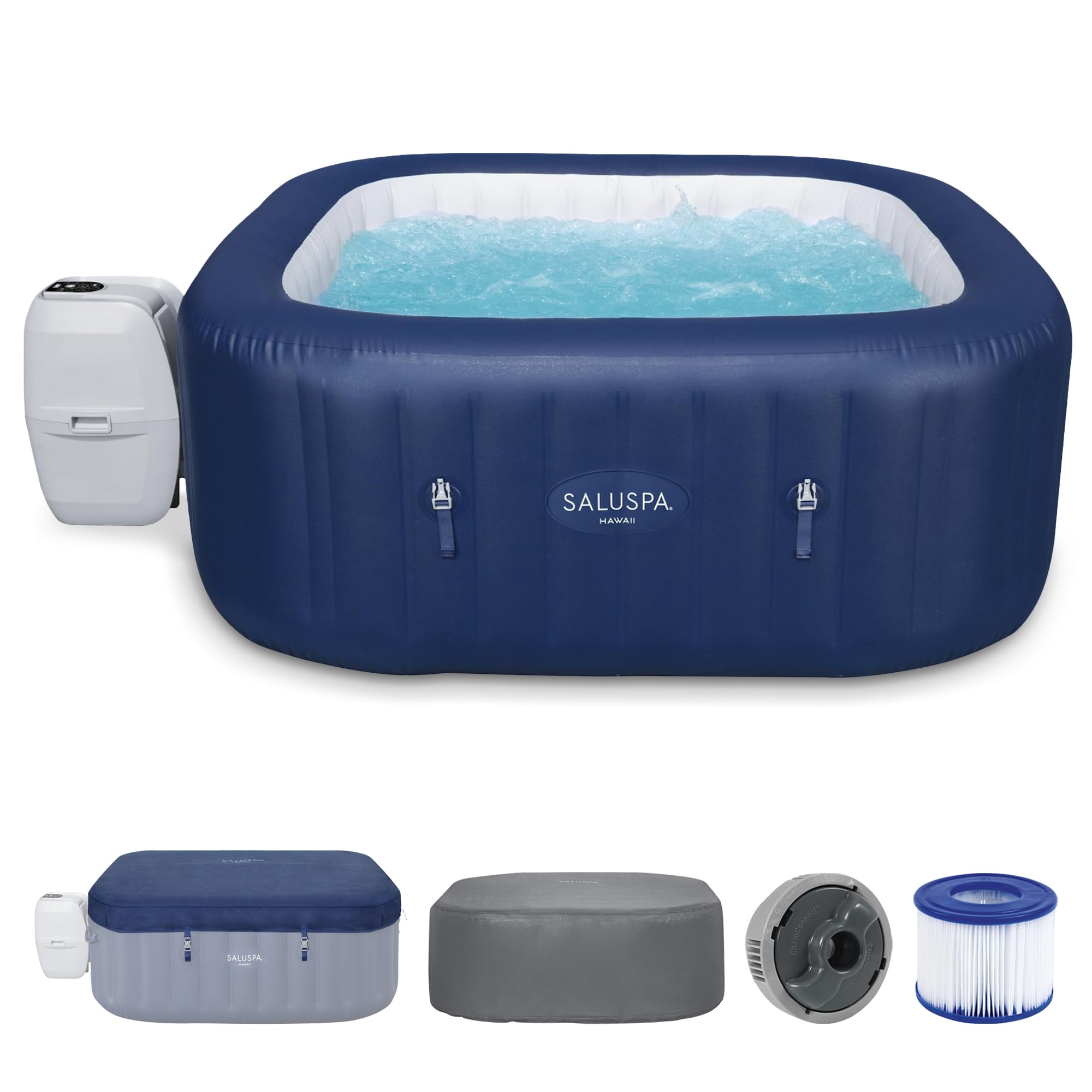 Bestway SaluSpa Hawaii AirJet 4 to 6 Person Inflatable Hot Tub Square Portable Outdoor Spa with 140 AirJets and EnergySense Energy Saving Cover, Blue