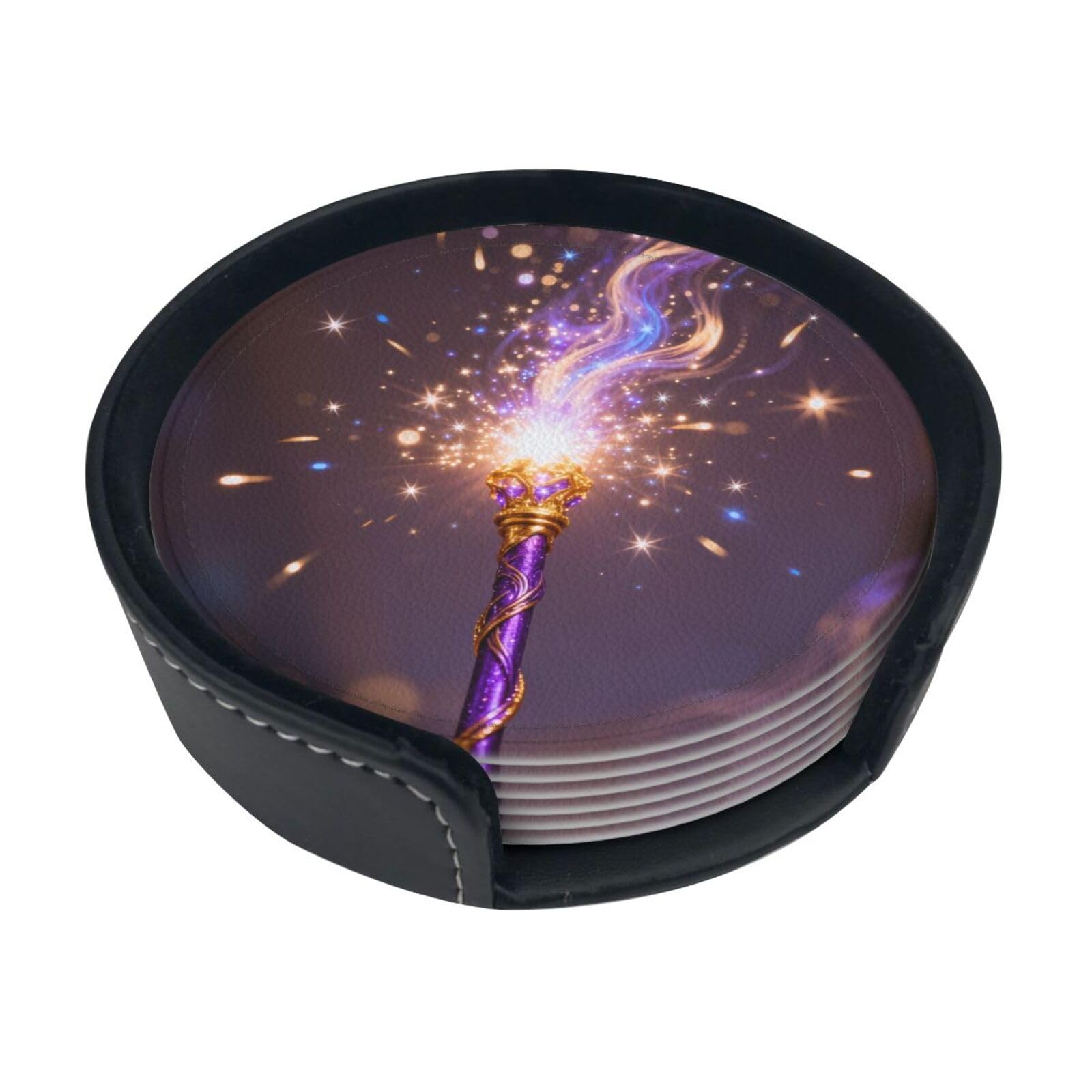 Cntdbu White Wizard Wand Sparkle Leather Coasters Set Of 6-Pu Leather Drink Mats For Table, Heat Resistant Round Coasters With Holder