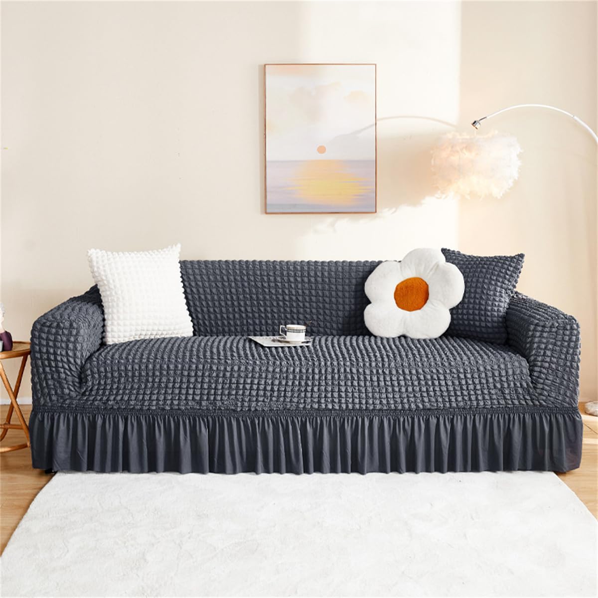 Sofa Slipcovers 1/2/3/4 Seater with Elastic Bottom and Skirt, Durable Washable Non Slip Stretchable Couch Sofa Chairs Cover Easy Fit Universal Furniture Protector for Kids/Pets (Grey,1 seat)
