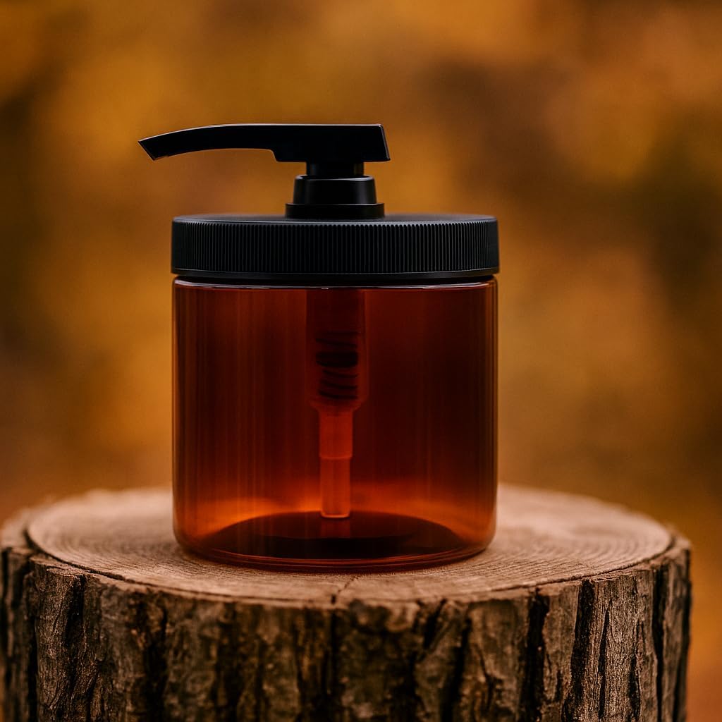 Royal Massage 16oz Refillable Pump Jar with Locking Dip Tube Dispenser – BPA-Free Plastic Container for Massage Oils, Lotions, Creams – Ribbed Lid Wide-Mouth Jar – Durable & Reusable (Amber/Black, 12)