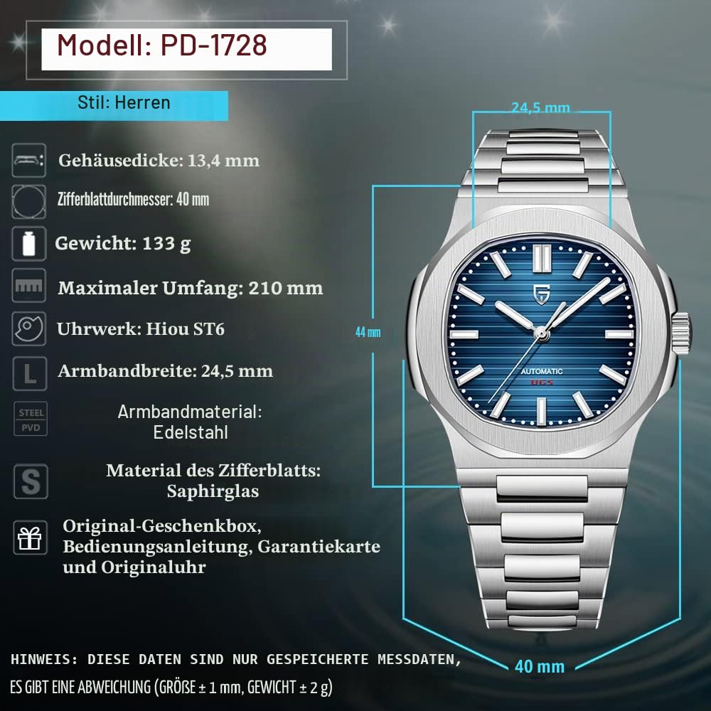 Pagani Design PD1728 Herrenuhr Automatik, 40 mm Business-Uhr, Edelstahlarmband für Herren, Saphirglasuhr, 100 Meter wasserdicht, ST16 Automatikwerk.