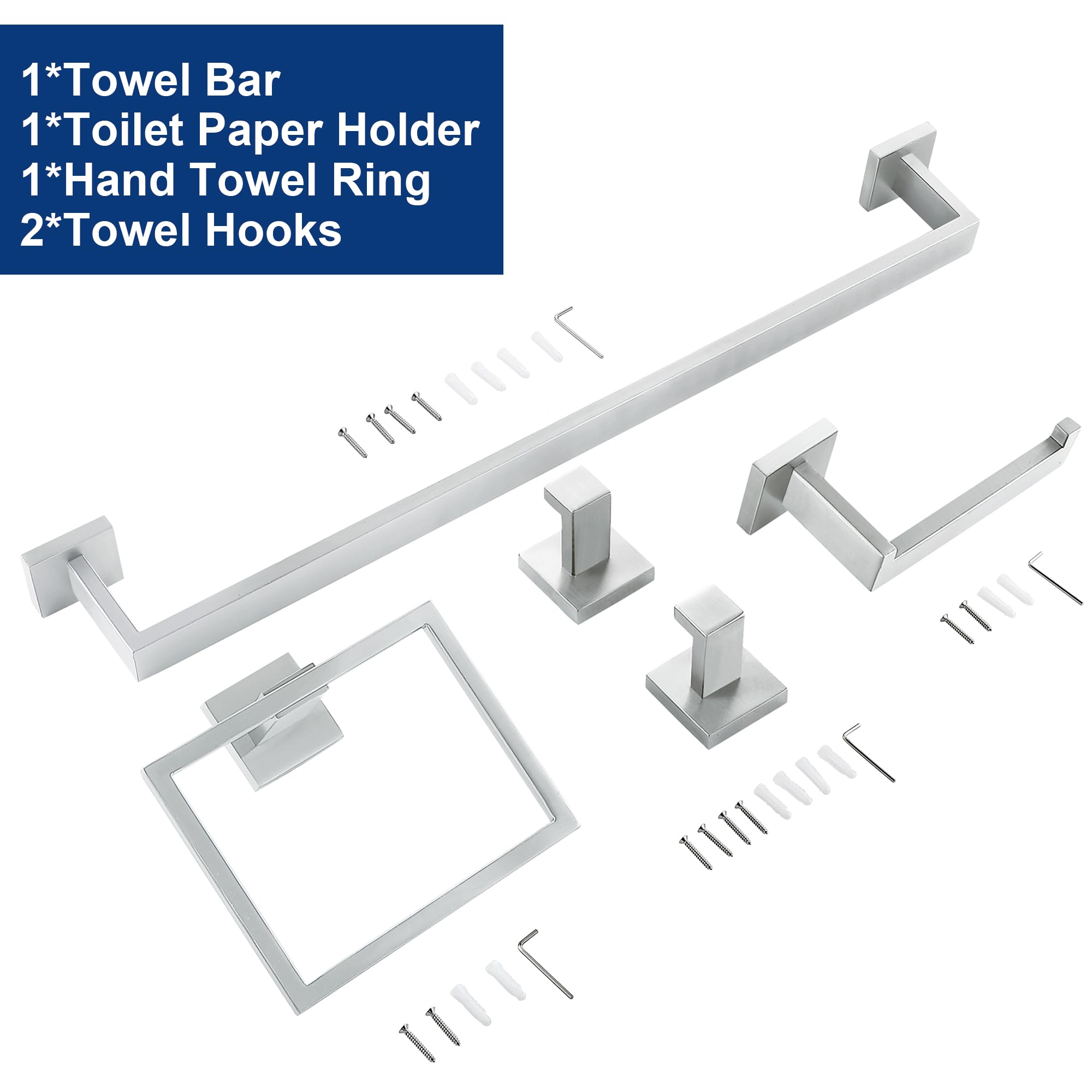 Juego de 5 accesorios de baño de níquel cepillado, juego de toalleros de baño de acero inoxidable SUS304, juego de toallero cuadrado resistente, montado en la pared