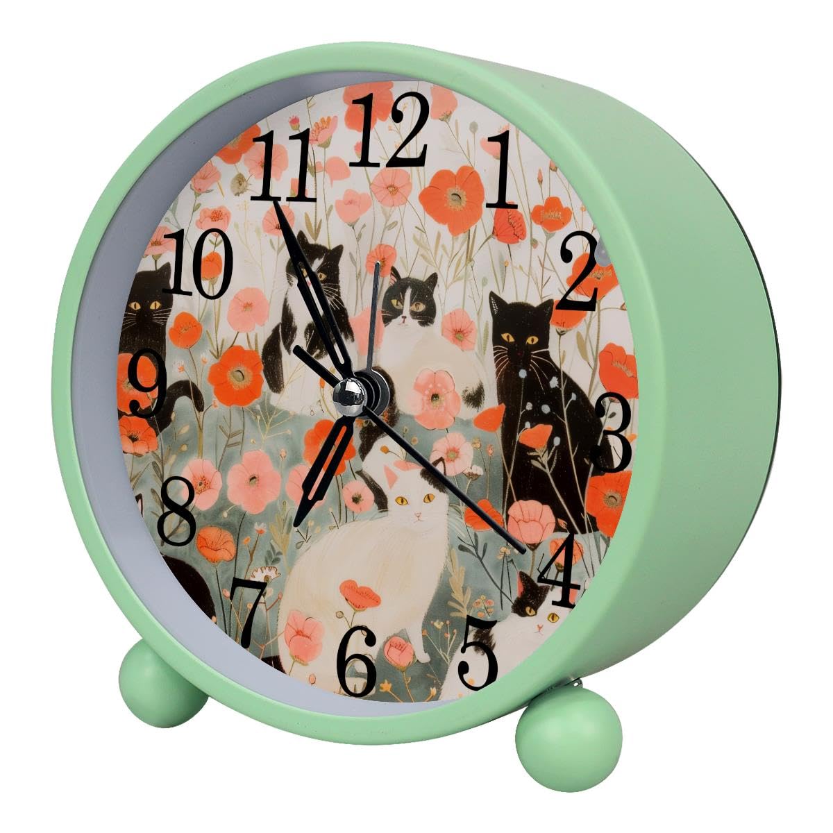 Luoweisi Alarm Clock Cats with Flower, Silent Non-Ticking with Night Light