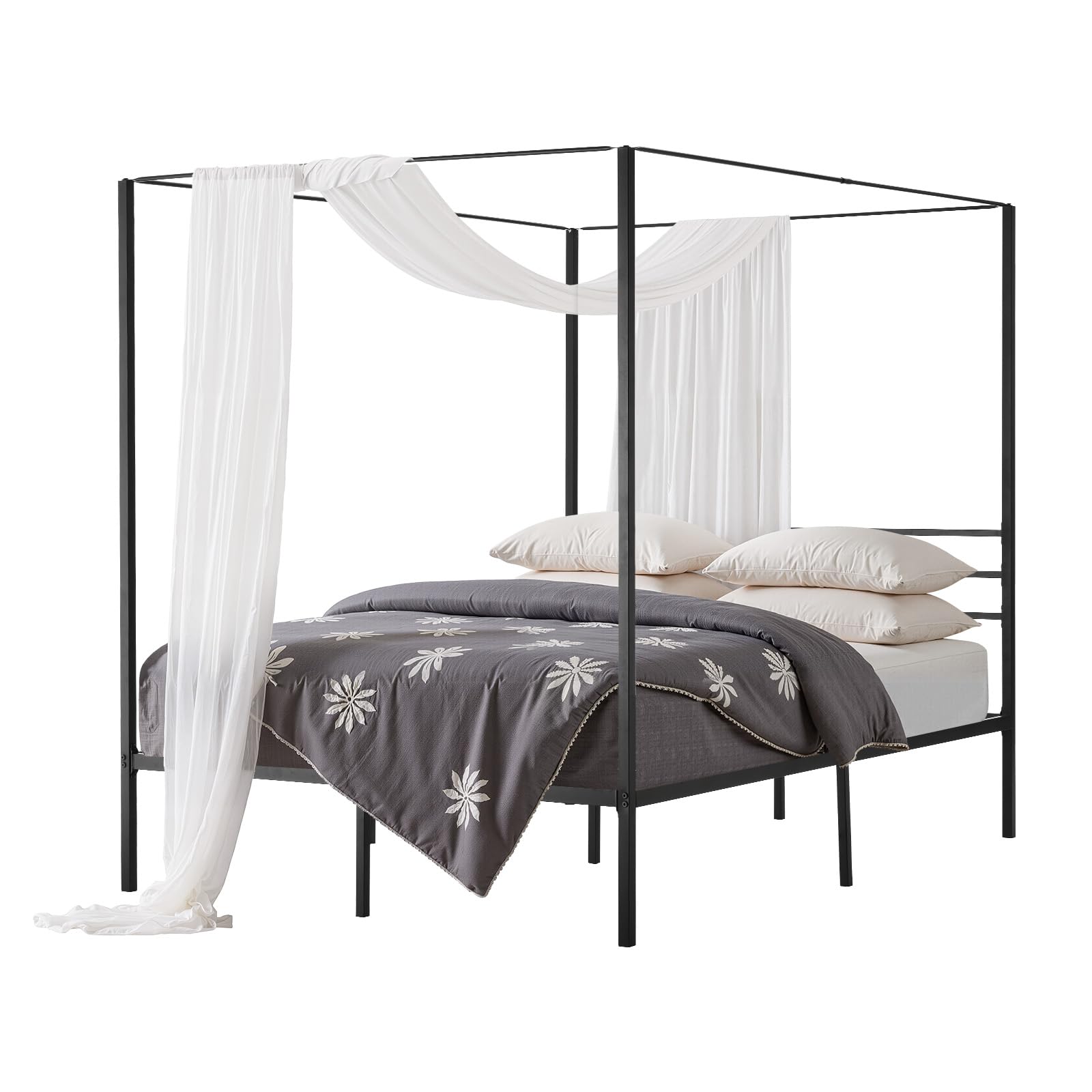 VEVOR Letto a Baldacchino Matrimoniale, Letto in Metallo con Testiera Minimalista e Design a Baldacchino, Robusto Supporto a Doghe in Acciaio Quadrate, Non Necessita di Materasso a Molle, Nero