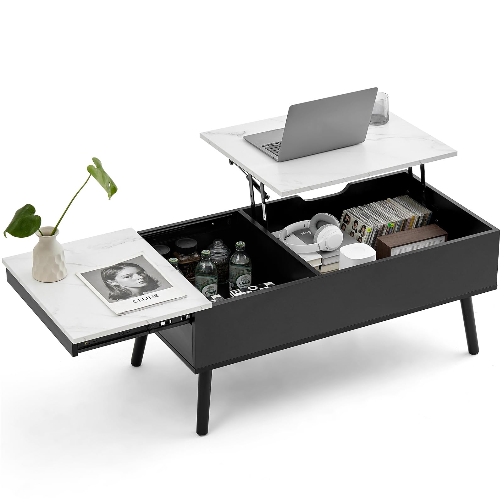 JanflyHome Couchtisch Höhenverstellbar, Couchtisch mit Stauraum, Separates Verstecktes Ablagefach, Modern Kaffeetisch & Beistelltisch, Wohnzimmertisch für Wohnzimmer, Büro, 100 x 50 x 43.5 cm, Schwarz