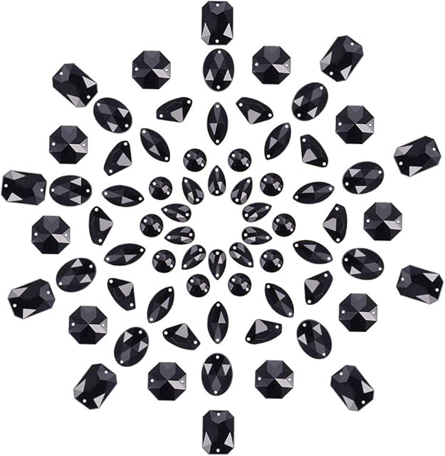 PandaHall Elite 70pcs 7 Styles Taiwan Acrylic Faceted Rhinestone Links, Flat Back Sew On 2-Hole Rhinestones For Jewellery Making Dress Decorations Garment Accessories, Black