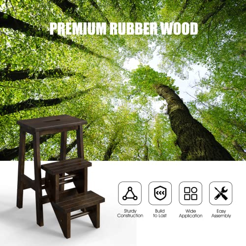 Costzon 3 Tier Folding Step Stool, 3-In-1 Wood Foot Stool Display Storage Shelf Flower Rack For Home, Kitchen, Library, Portable Non-Slip Step Ladder For Adults & Kids (Brown) #TOP5