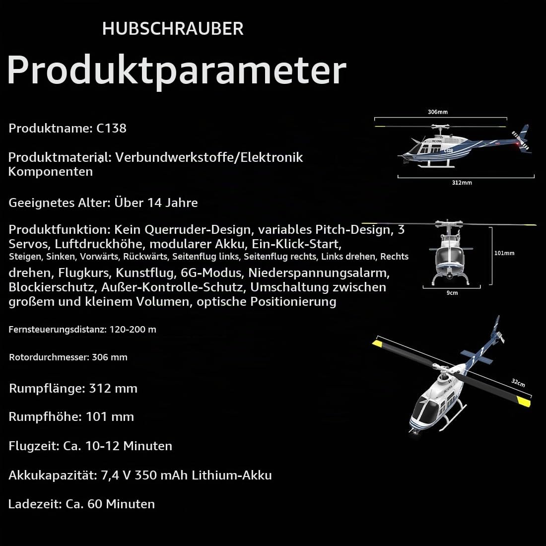 RC ERA C138 Bell 206 RC-Helikopter für Erwachsene, 1:30, 6CH 6G/3D-Flips 6-Achsen-Gyro-Ferngesteuerter Hubschrauber Militärflugzeug mit Optischer Flusspositionierung – RTF / 2 Batterie