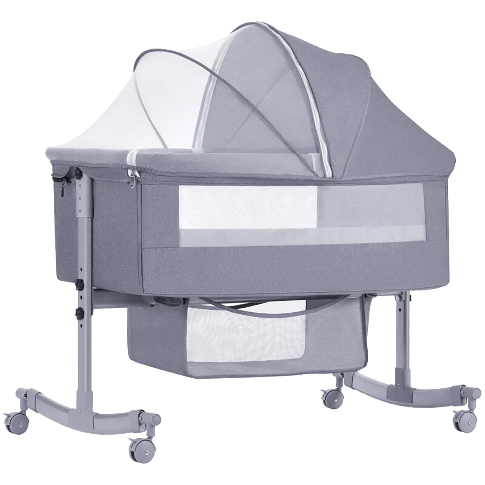 Cuna con Colchón Cama Bebe Tejido de Malla Transpirable, Regulable en Altura en 4 Posiciones y Reclinable, Plegado Fácil, con Ruedas y Cesta de Almacenamiento para los 0-2 años Bebe