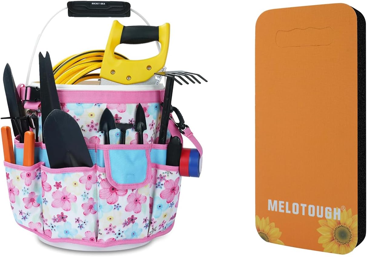 MELOTOUGH Bucket Caddy Organizer Bucket Tool Organizer for Garden Tools Fit 3.5 to 5 Gallon Bucket, Garden Kneeling Pad, 1" Thick Soft NBR Foam Kneeling Pads for Gardening, Cleaning, Work