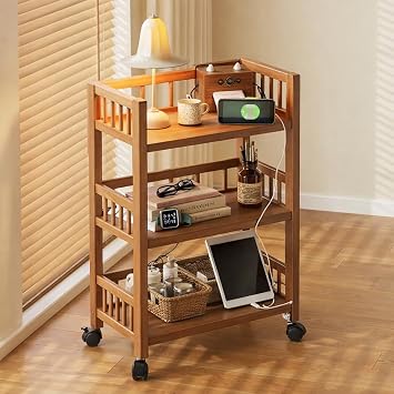 3-Tier Bamboo Rolling Storage Cart with Wheels, Mobile Kitchen & Coffee Bar Cart, Utility Trolley Organizer for Kitchen, Living Room, Bathroom & Bedroom (50 x 30 x 82 cm)