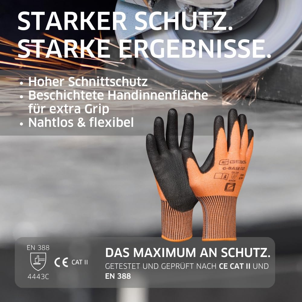 GEBOL G-Base Cut, 6 Paar Arbeitshandschuhe für Herren mit Schnittschutz Level C , PU-beschichtete Montagehandschuhe mit hoher Fingerfertigkeit & Griffigkeit, Gr. M/8