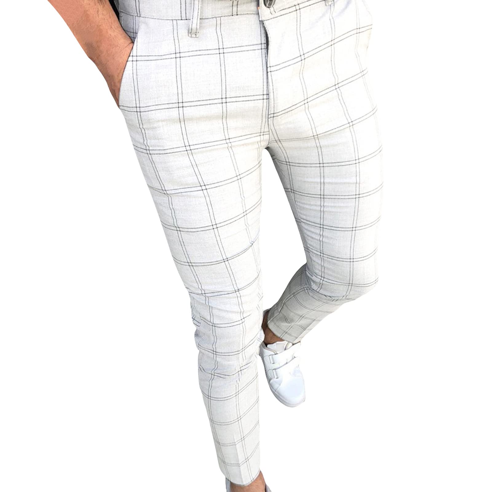 Mens Plaid Stretch Dress Pants Casual Flat Front Skinny Business Trousers Classic Stylish Slim Tapered Pant