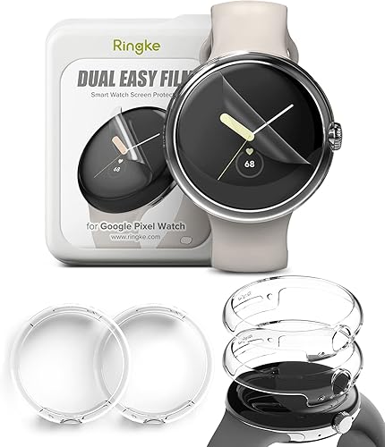 Ringke Funda delgada compatible con Google Pixel Watch [transparente y transparente] + doble película fácil compatible con Google Pixel Watch