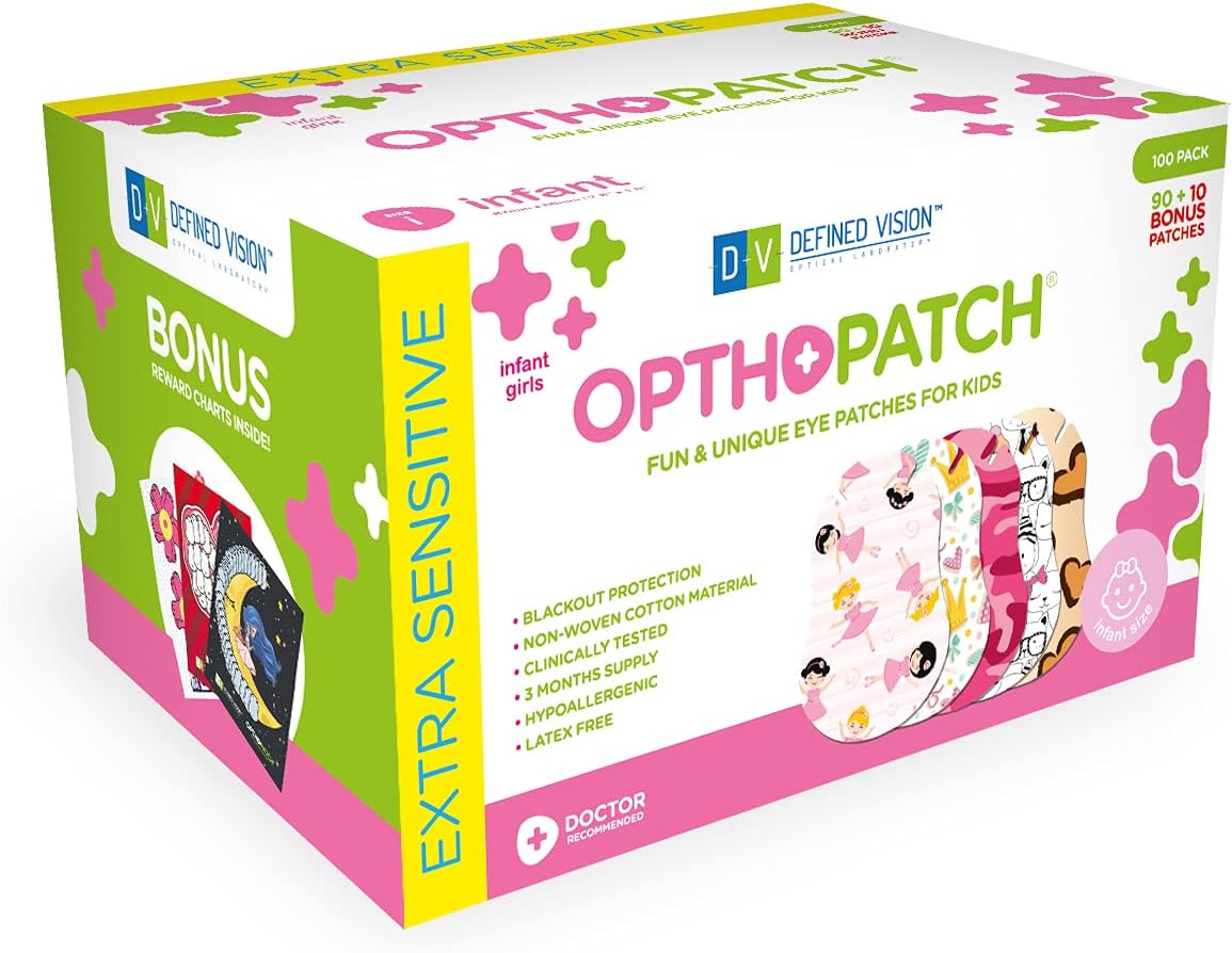 Eye Patches for Infants - Extra Sensitive Adhesive - Girls' Design [Series II] - 100 Count + 3 Reward Charts