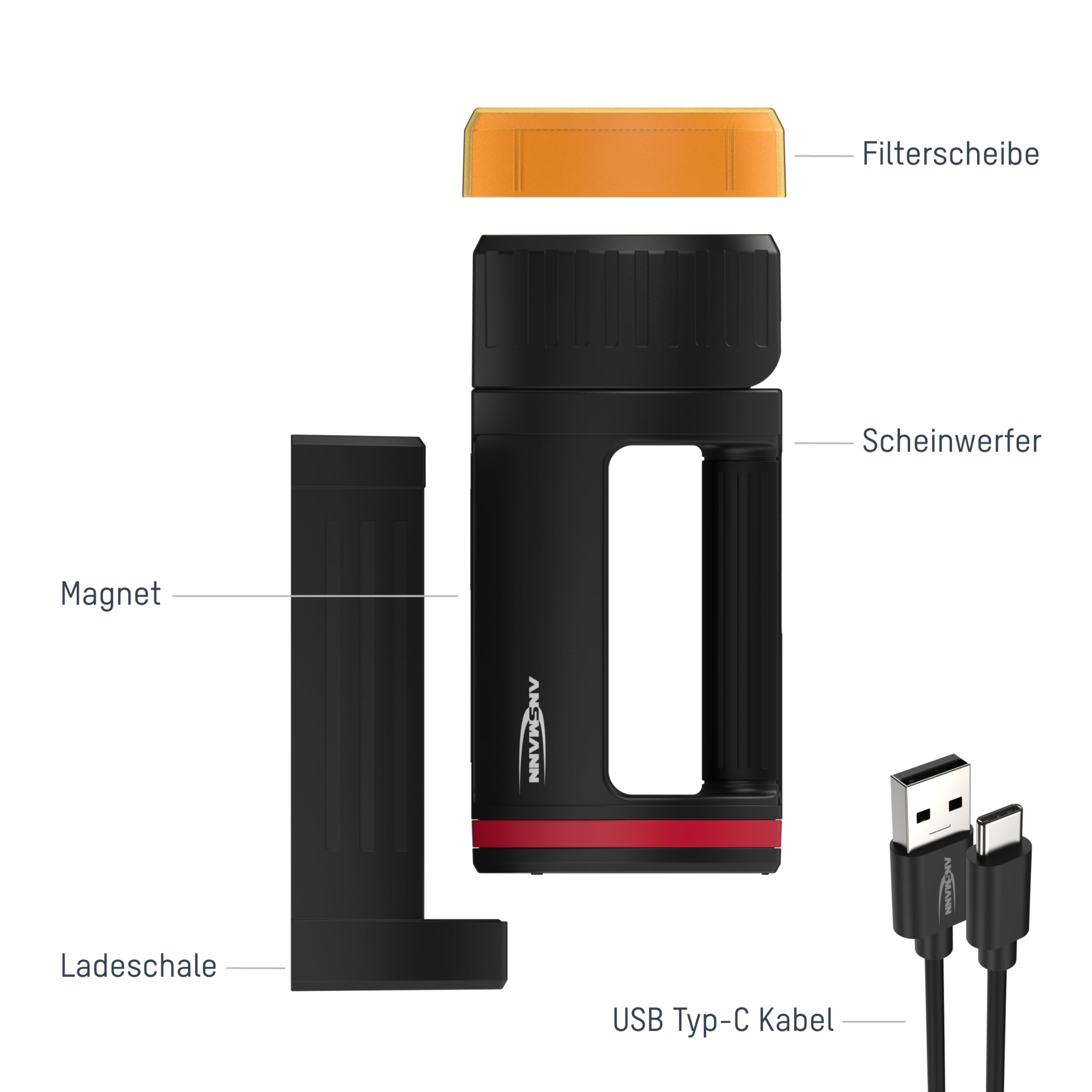 ANSMANN LED Handscheinwerfer Akku mit 10400mAh, automatische Notbeleuchtung bei Stromausfall, bis zu 100 Stunden Leuchtdauer möglich, wiederaufladbar über Micro USB oder Ladeschale