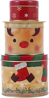 Angoily Christmas Cookie Tins Set of 3, Metal Christmas Tin Container With Lids for Gift Giving, Round Nesting Box Decorative Cookie Gift Tins for Cookies, Candy for Xmas Holiday Party (Elk)