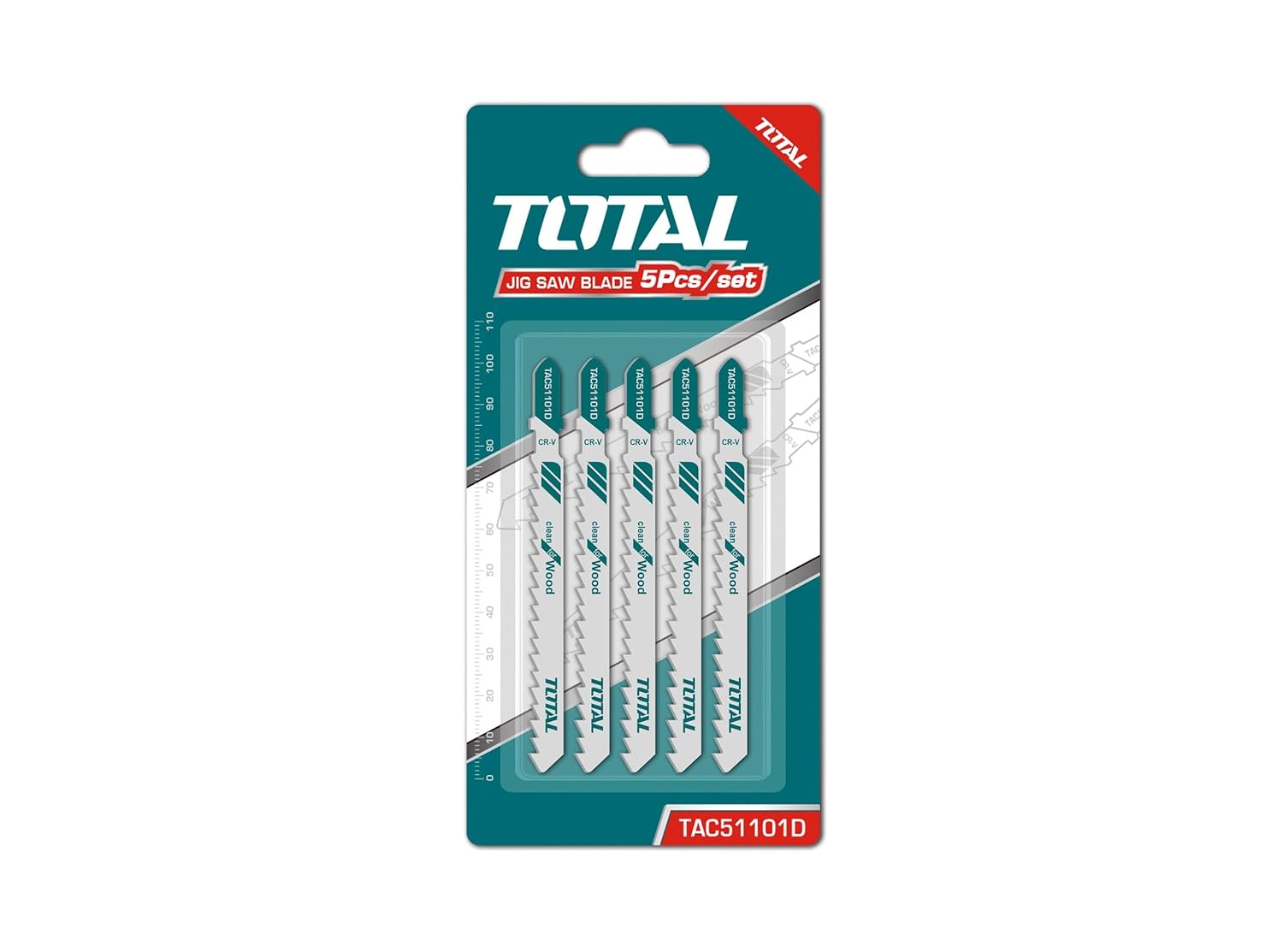 TOTAL Jig Saw Blade for Wood TAC51101D - Clean Cutting, 75mm (3 inches) Tooth Length, 4-5.2mm Tooth Space, HCS Construction, 5pcs/Set, Softwood, Chipboards, Wood Core Plywood, Fibre Boards