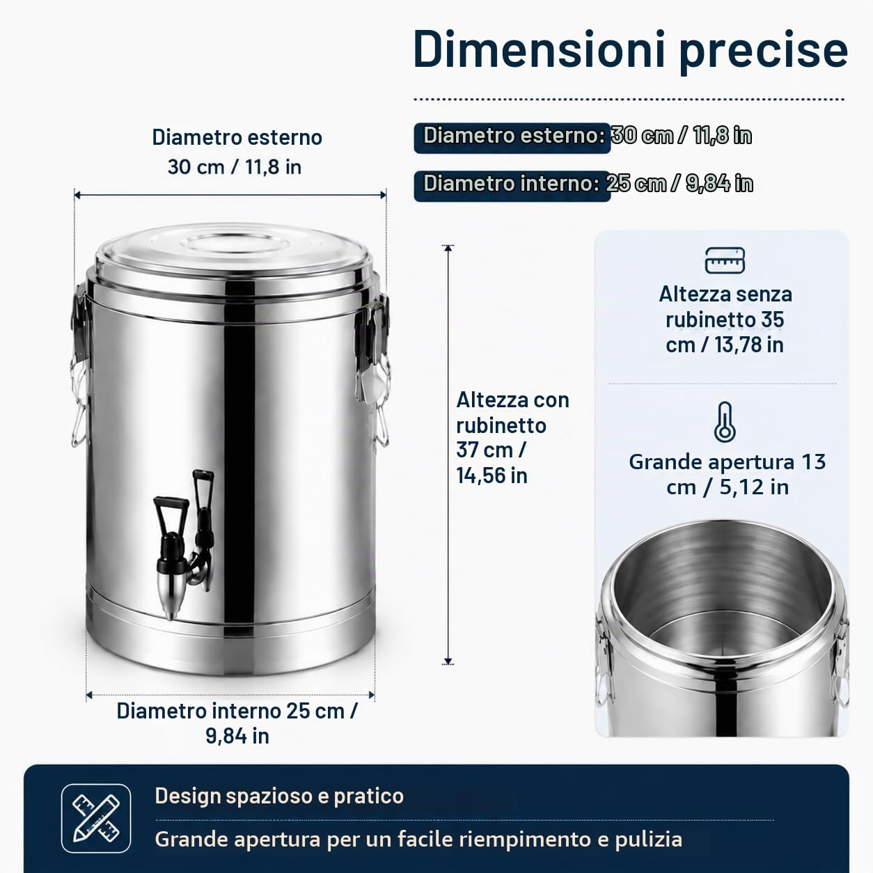 Contenitore termico per acqua in acciaio inox, 40 l, con rubinetto, in acciaio inox 201, isolamento da 18,5 mm, superficie lucidata, ideale per zuppe, stufati, tè e bevande calde