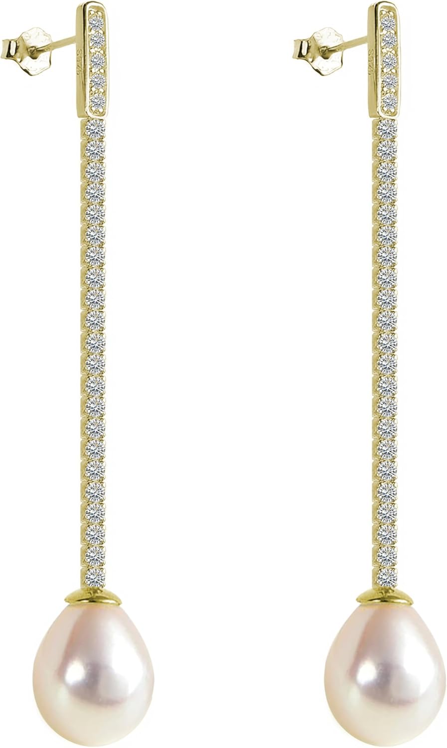 Sterling Silver CZ Pearl Drop Earrings For Women 8-9mm Natural Freshwater Pearl Cubic Zirconia Dangle Earring Wedding Party Jewlery Gifts