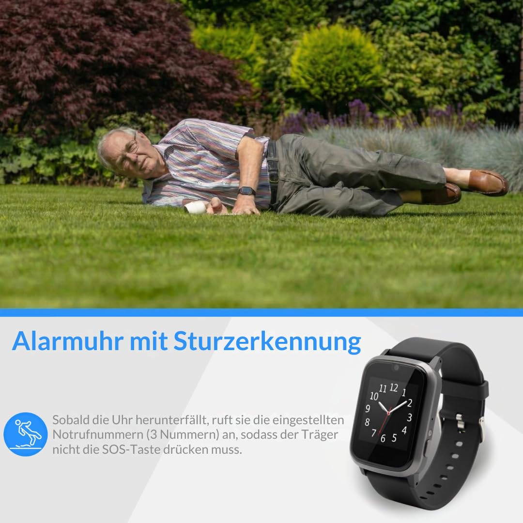 KUUS. S5 Notruf Uhr mit Sturzerkennung - Notrufknopf für Senioren - GPS Tracker Senioren mit Ortung. Senioren Smartwatch mit SIM Karte ohne Handy - Demenz Uhr Hilfsmittel Notfallarmband Erwachsene