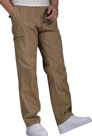 Mens Cotton Full Elastic Waist with Button Zipper Fly Closure Casual Cargo Pants