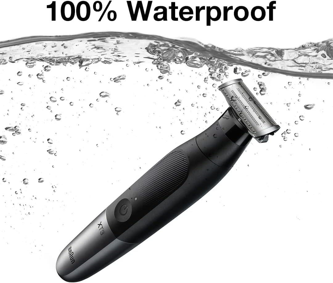 Braun Series XT3100 shaver submerged in water, demonstrating its 100% waterproof feature