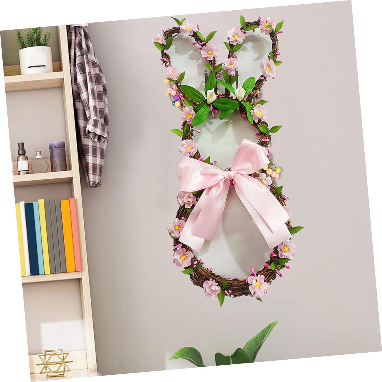 Ghirlanda di Coniglietto Pasquale in Stoffa e Vimini Decorazione Primaverile per Interni e Spazi Esterni