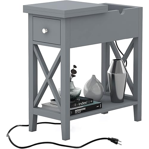 ChooChoo End Table with Charging Station, Narrow Side Table with USB Ports and Outlets, Nightstand with Drawer, for Small Spaces, Bedside Tables for Living Room Grey