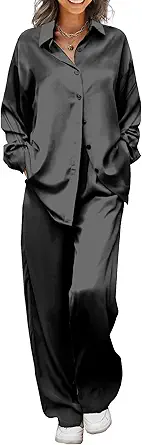 Ekouaer Womens Satin Silky Pajama Set 2 Piece Print PJs Soft Loungewear Button Down Sleepwear with Elastic Waist Long Pants