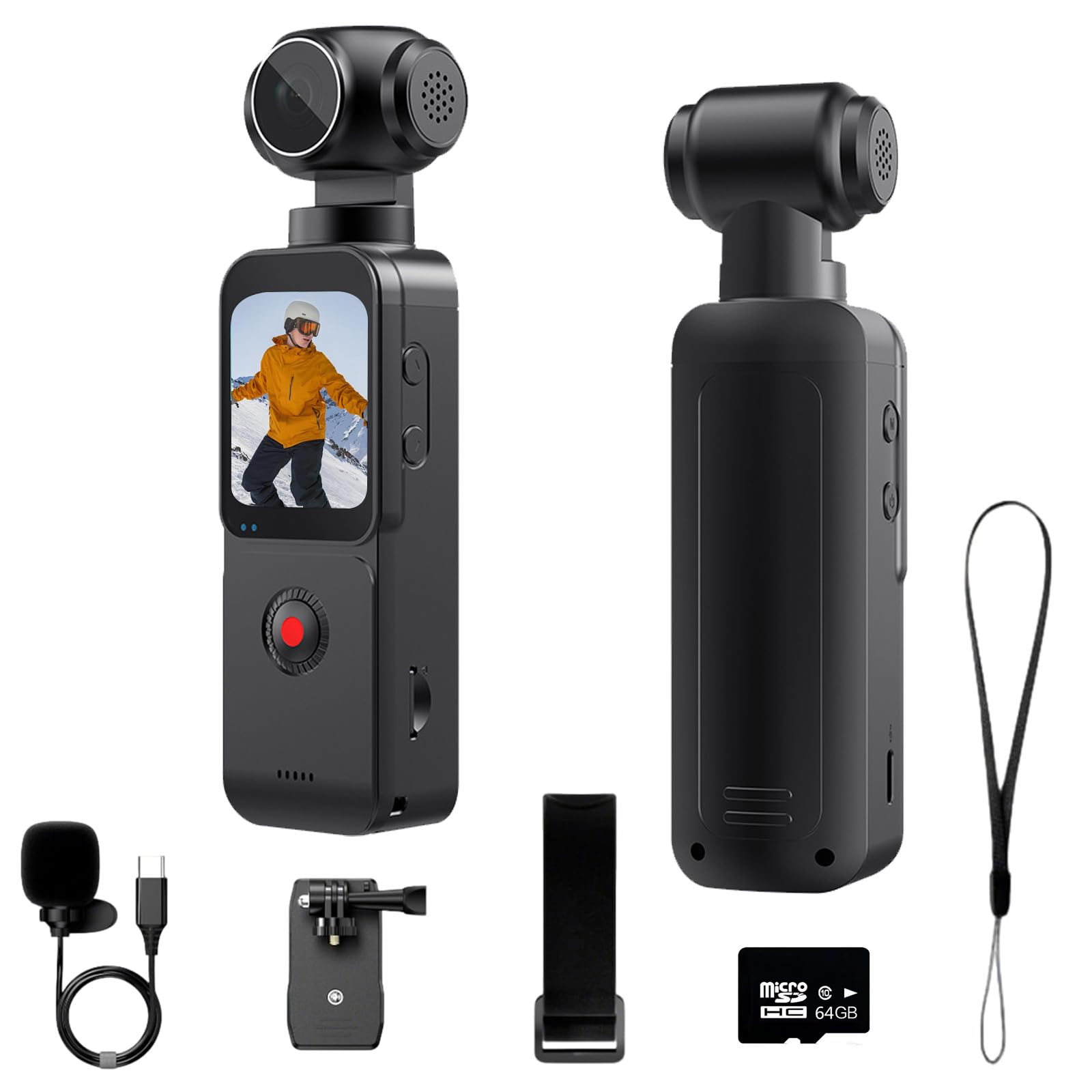 5K Bodycam Körperkamera,Vlog Kamera mit Externem Mikrofon,270° drehbares Objektiv,EIS Bildstabilisierung, WiFi App-Steuerung,Clip & Gurt – Inkl.64GB Karte Vlogging Camera für Sport,Reisen & Action