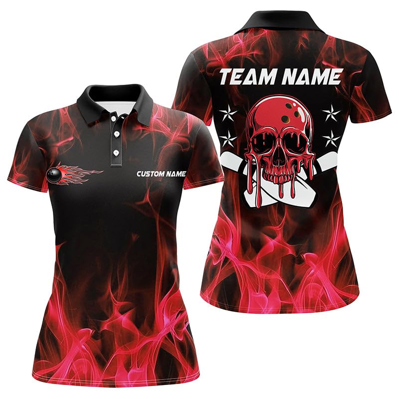 Personalisiertes Bowling Team Shirts mit Rotem Flammen-Totenkopf, Bowling Polo/Viertelreißverschluss Shirts für Männer & Frauen I6180