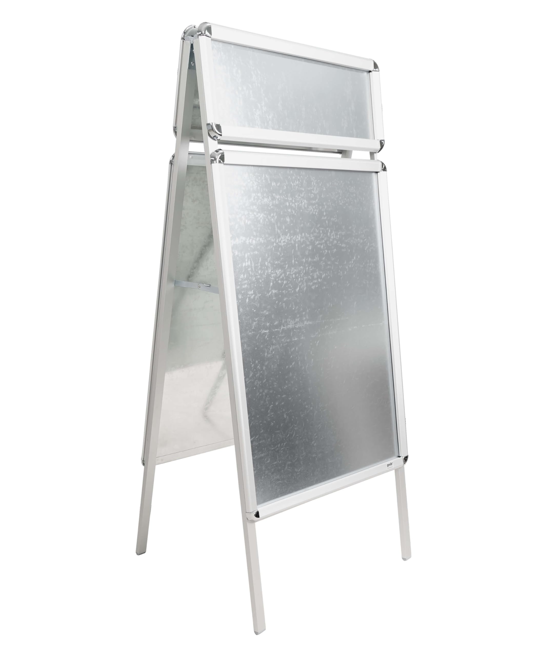 Kundenstopper DIN-A1, Passantenstopper Silber mit Top-Schild für Firmenlogo oder Werbeslogans, Palaktaufsteller für Innen und Außen, Werbeaufsteller zweiseitiges Display mit Klapp-Profile