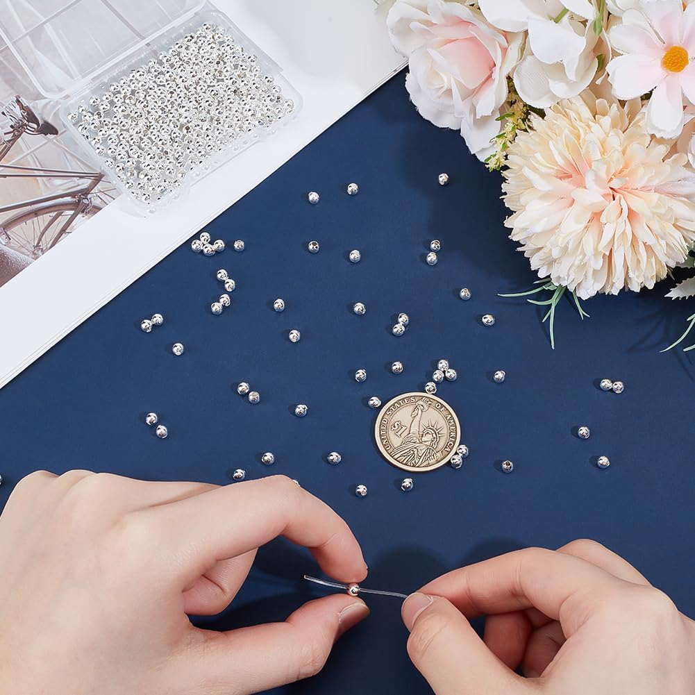 PH PandaHall 300pcs 925 Sterling Silver Plated Round Beads, 4mm Seamless Smooth Beads Waist Bead Round Ball Bead Brass Loose Spacers for Bikini Belly Chain Layered Bracelet Jewelry Making - Image 3