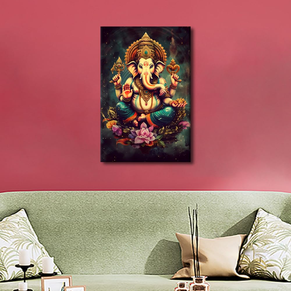 TISHIRON Hindu Lord Ganesha Wall Art for Living Room Hindu God Wall Decor India Religious Framed Wall Painting Canvas Prints Pictures House Decoration for Bedroom Modern Artwork Office 24x16 in - Image 4