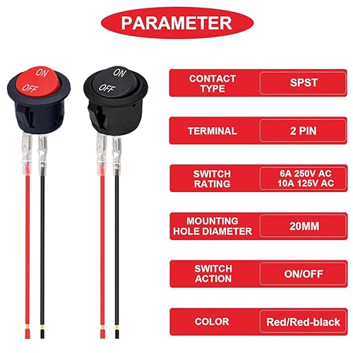 Miniatura 10 de 15 interruptores de botón redondos de 0.276 in rojoverde, 1A, 250 V CA, 2 pines SPST ON OFF momentáneo, interruptor de botón con cables de terminal