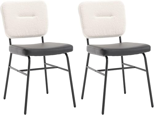 Juego de 2 sillas de comedor de cuero negro tapizadas de sherpa con respaldo, sillas de acento modernas de mediados de siglo, sillas laterales sin disponible en Yaxa Peru