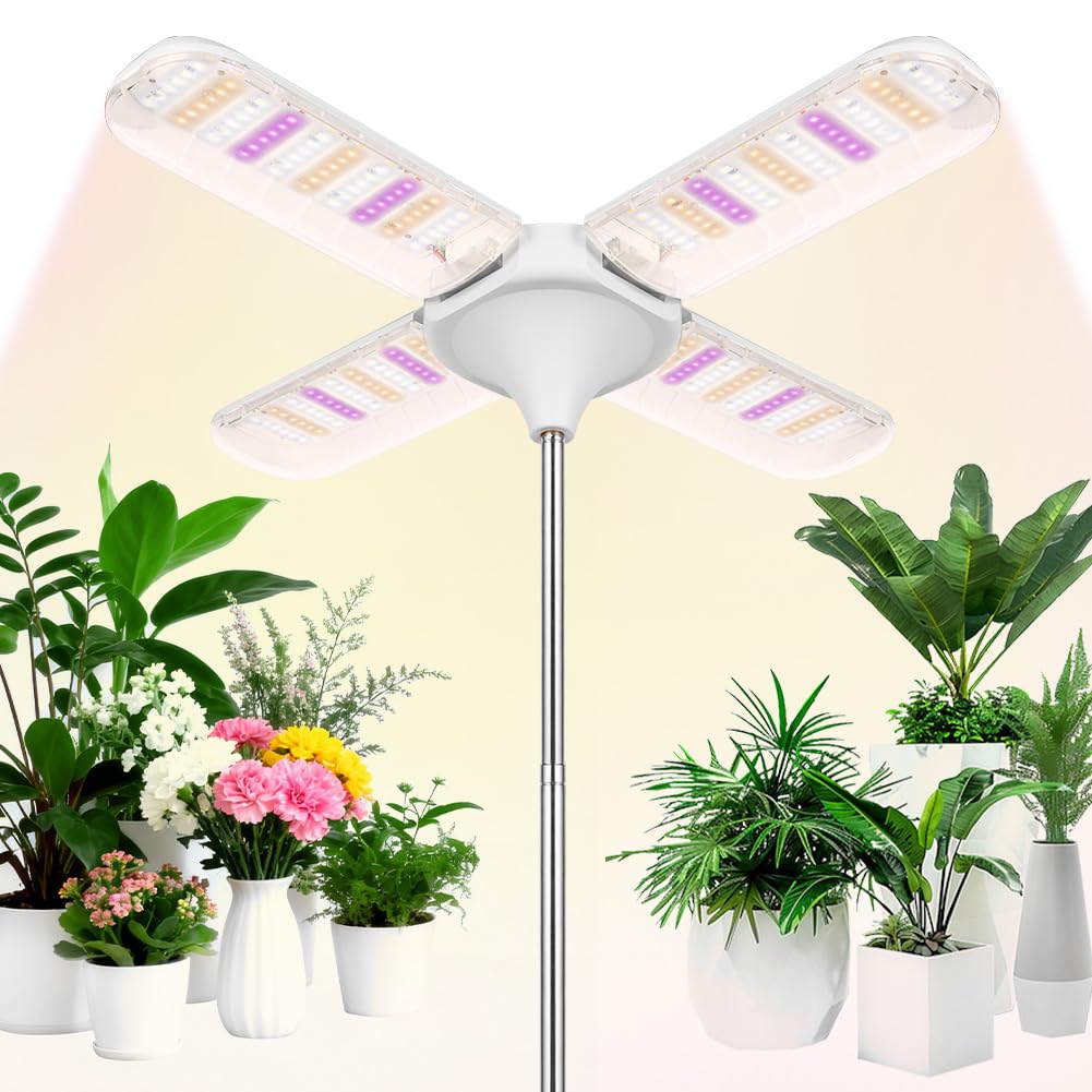 APXEL Grow Lights for Indoor Plants, 240 LEDs 4 Heads Full Spectrum Plant Light with Plug, 3 Color Modes Grow Lamp, 3/9/12 Timer, 10 Level Dimmable, 35-170cm Adjustable Height [Energy Class F]