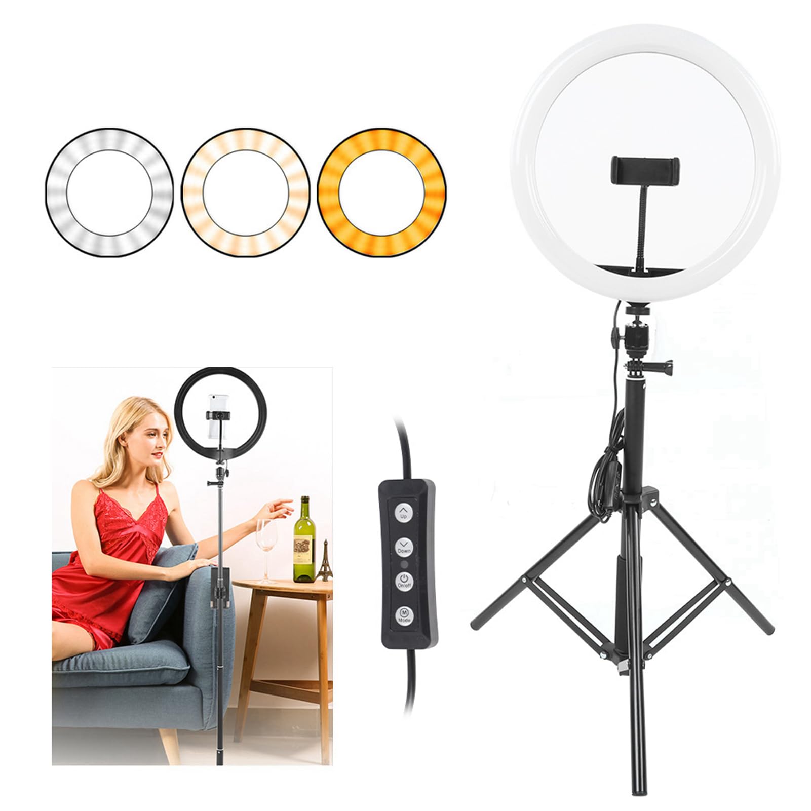 12-Zoll-dimmbares LED-Ringlicht mit Stativ, Fotografie-Fülllicht für Make-up und Video-Studio, 3 Farbtemperaturen, 10 Helligkeitsstufen, inklusive Handy- und Tablet-Halterungen für