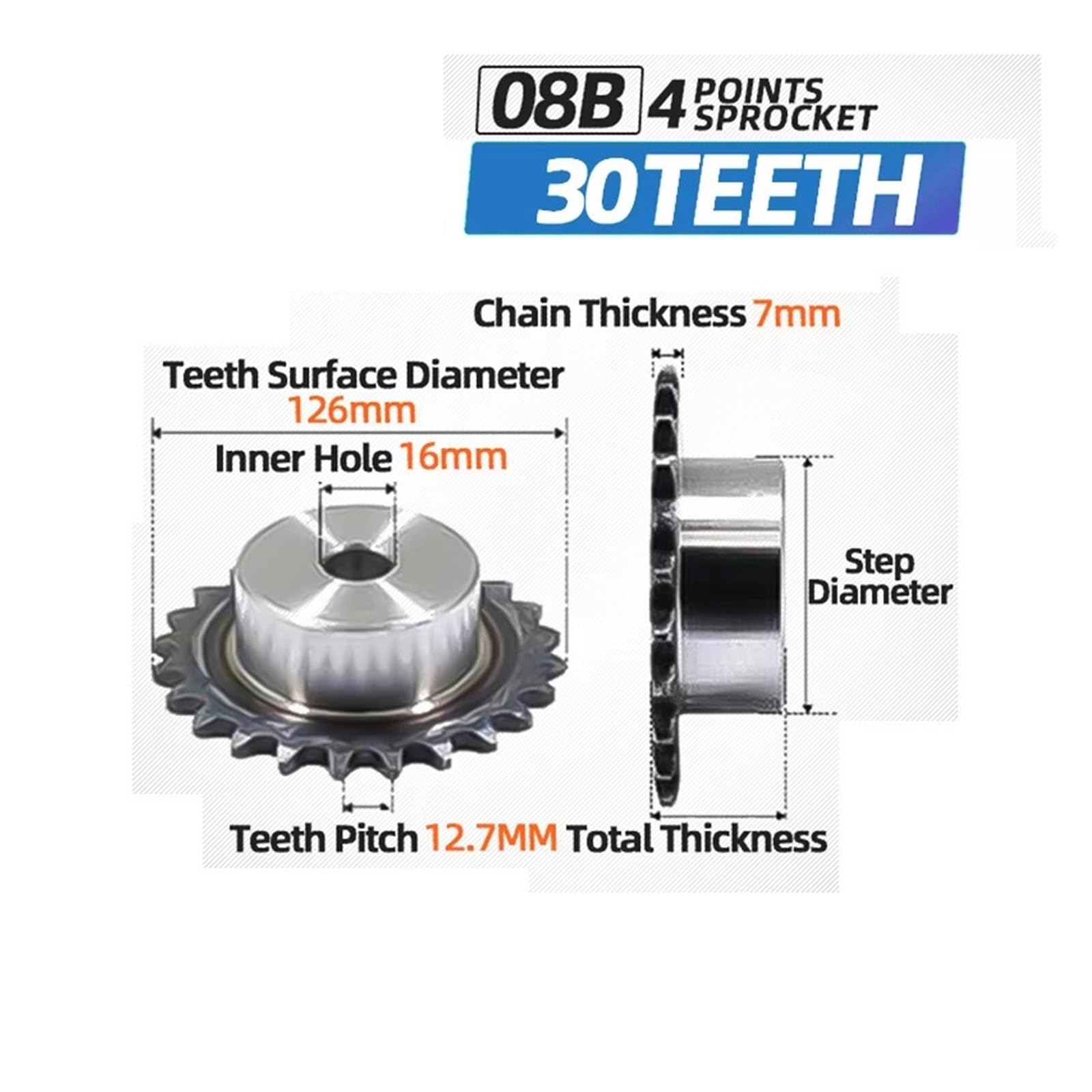 Bevel Gear Pinion Hardware Mechanical 1pc Table Wheel Industrial Sprocket 08B 30 Tooth with 08B Industrial Sprocket Chain 4 Points Sprocket Teeth Pitch 12.7MM