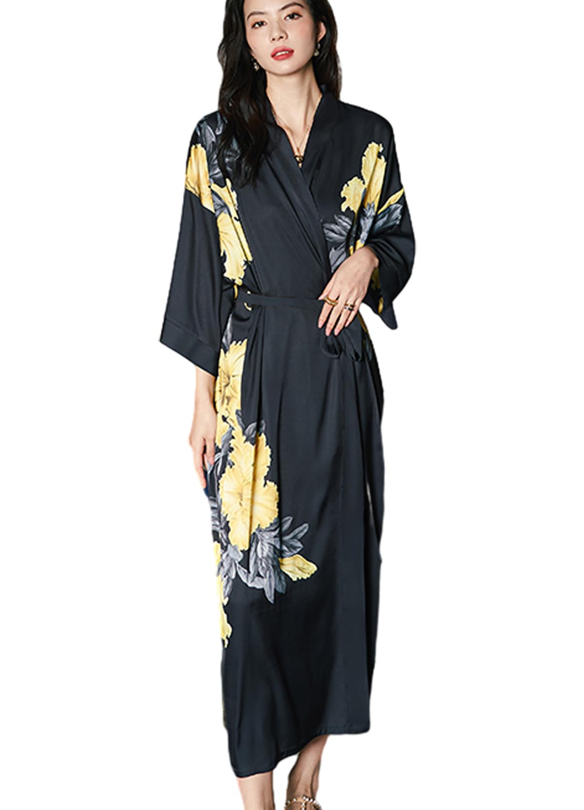 Daiwor Kout Silk Satin Robe for Women Long Japanese Kimono Robe Lightweight Soft Bathrobe Floral Luxury Dressing Gown