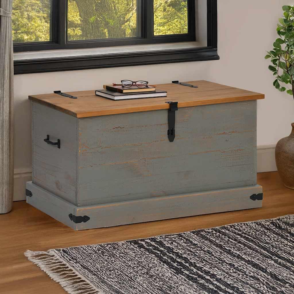 Madera maciza de pino en el baúl gris HALDEN de 91 cm con tapa superior